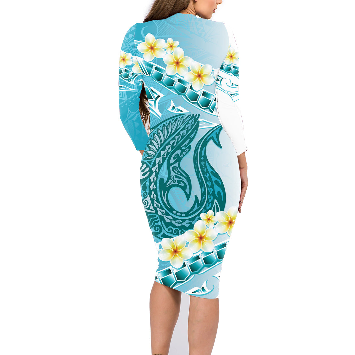 Turquoise Hawaii Shark Tattoo Family Matching Long Sleeve Bodycon Dress and Hawaiian Shirt Frangipani With Polynesian Pastel Version
