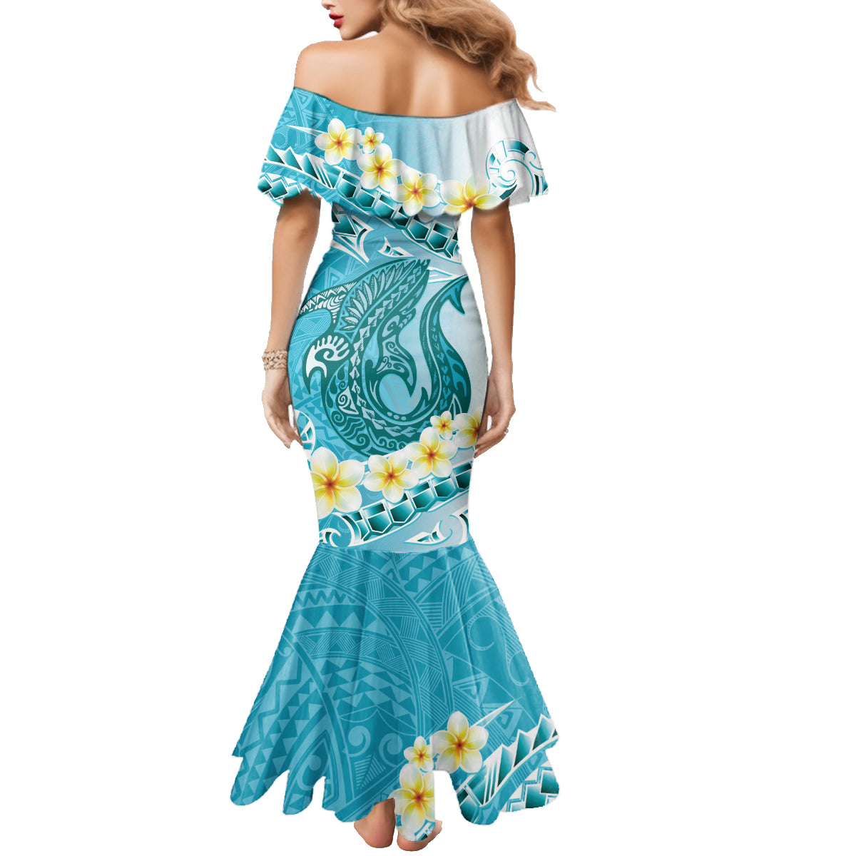 Turquoise Hawaii Shark Tattoo Family Matching Mermaid Dress and Hawaiian Shirt Frangipani With Polynesian Pastel Version