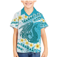 Turquoise Hawaii Shark Tattoo Family Matching Mermaid Dress and Hawaiian Shirt Frangipani With Polynesian Pastel Version