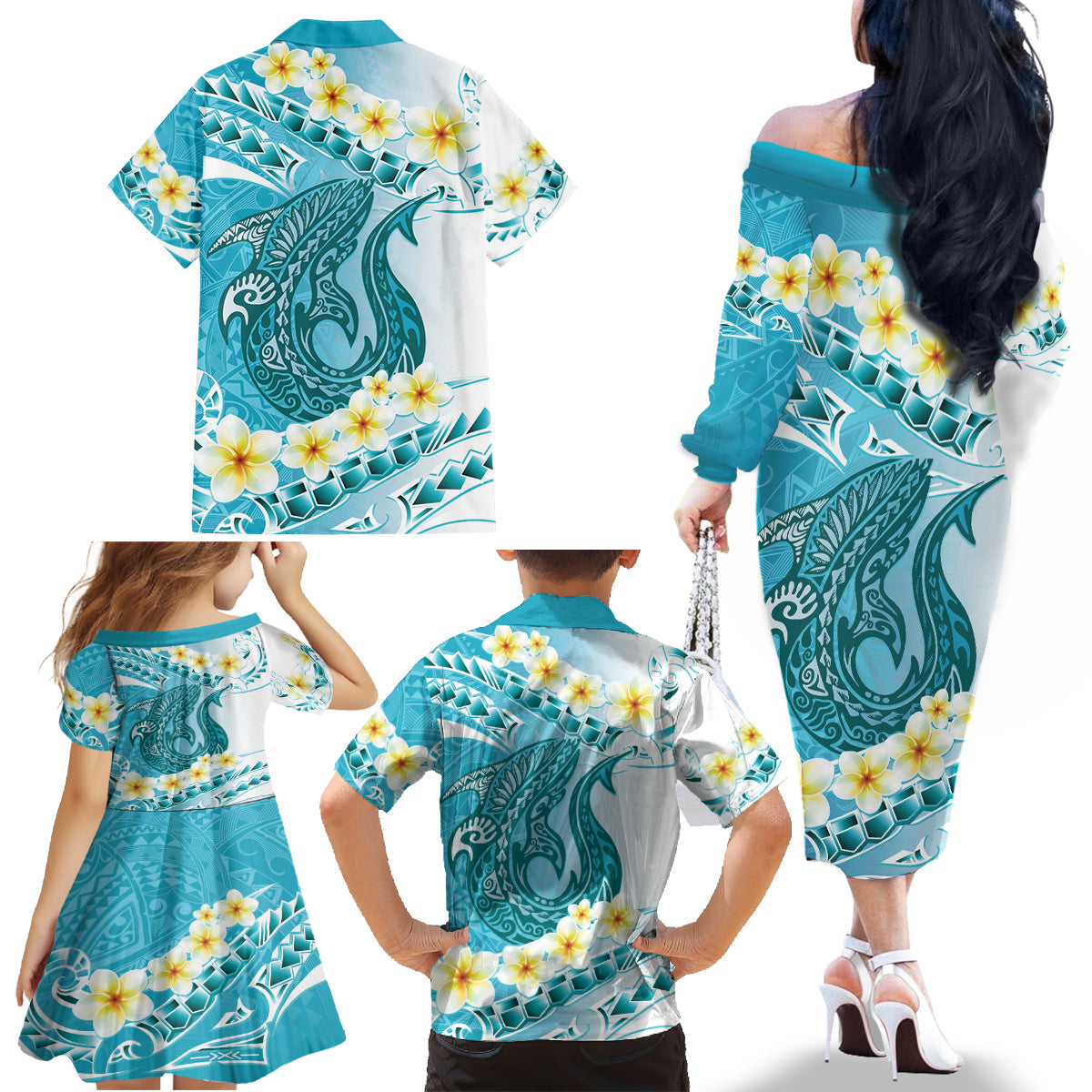 Turquoise Hawaii Shark Tattoo Family Matching Off The Shoulder Long Sleeve Dress and Hawaiian Shirt Frangipani With Polynesian Pastel Version