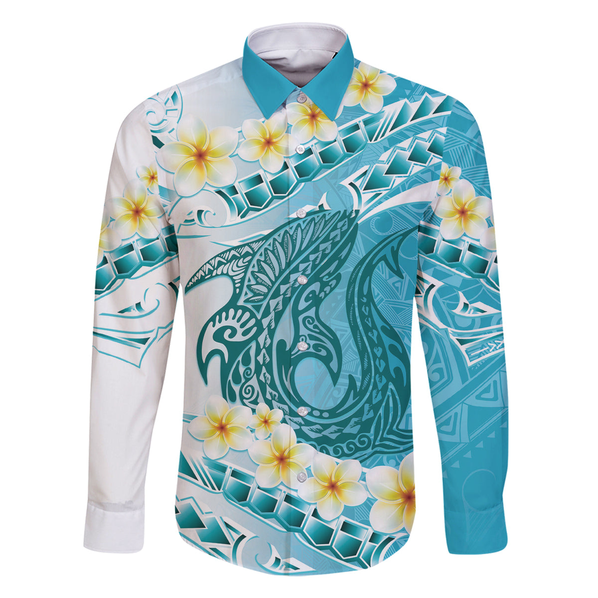Turquoise Hawaii Shark Tattoo Family Matching Off The Shoulder Long Sleeve Dress and Hawaiian Shirt Frangipani With Polynesian Pastel Version