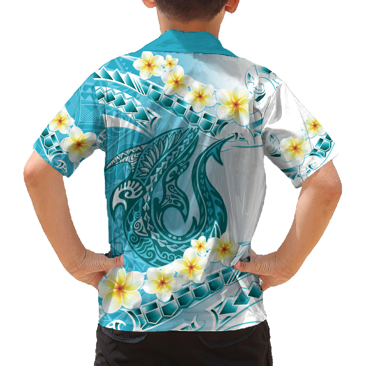 Turquoise Hawaii Shark Tattoo Family Matching Puletasi and Hawaiian Shirt Frangipani With Polynesian Pastel Version LT14 - Polynesian Pride