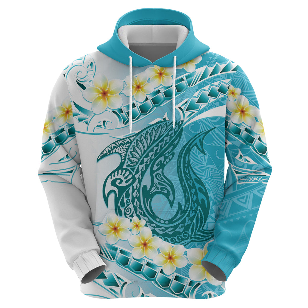 Turquoise Hawaii Shark Tattoo Hoodie Frangipani With Polynesian Pastel Version