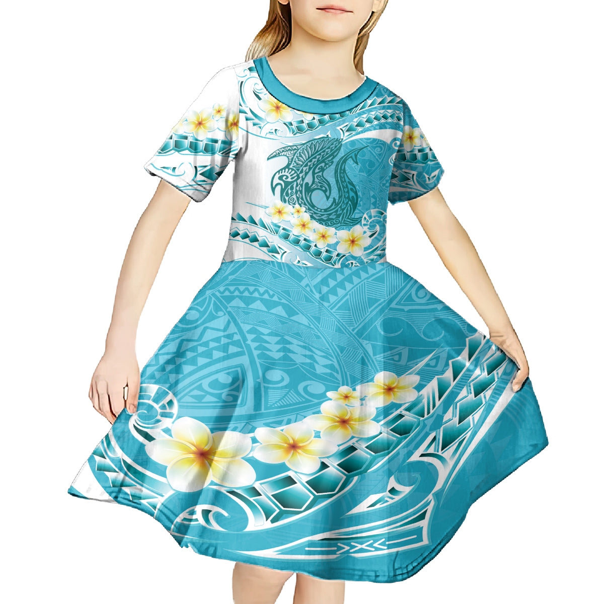 Turquoise Hawaii Shark Tattoo Kid Short Sleeve Dress Frangipani With Polynesian Pastel Version