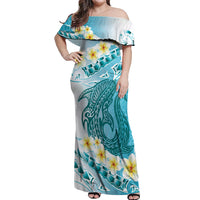 Turquoise Hawaii Shark Tattoo Off Shoulder Maxi Dress Frangipani With Polynesian Pastel Version