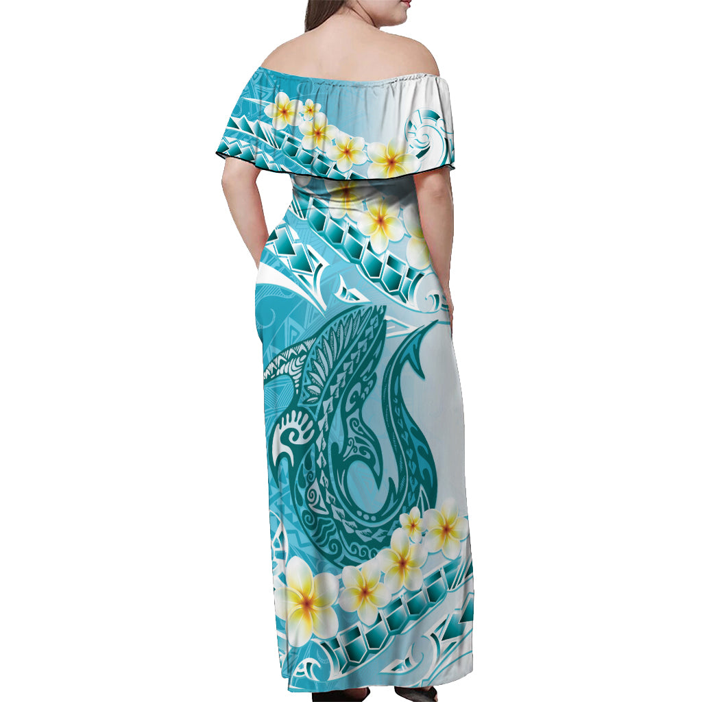 Turquoise Hawaii Shark Tattoo Off Shoulder Maxi Dress Frangipani With Polynesian Pastel Version