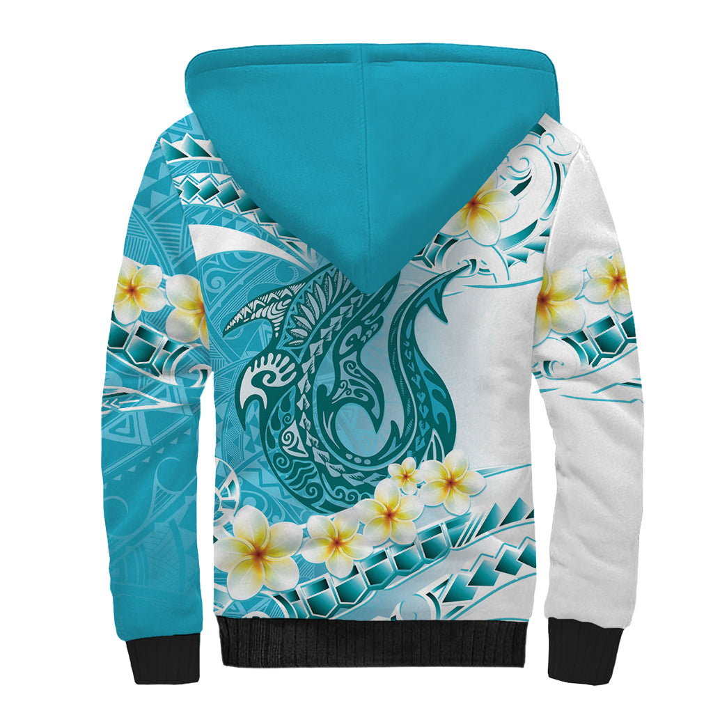 Turquoise Hawaii Shark Tattoo Sherpa Hoodie Frangipani With Polynesian Pastel Version