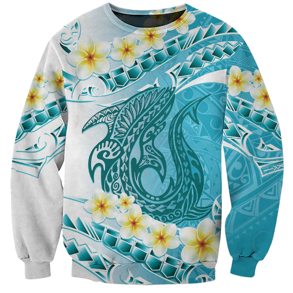 Turquoise Hawaii Shark Tattoo Sweatshirt Frangipani With Polynesian Pastel Version LT14 Unisex Turquoise - Polynesian Pride