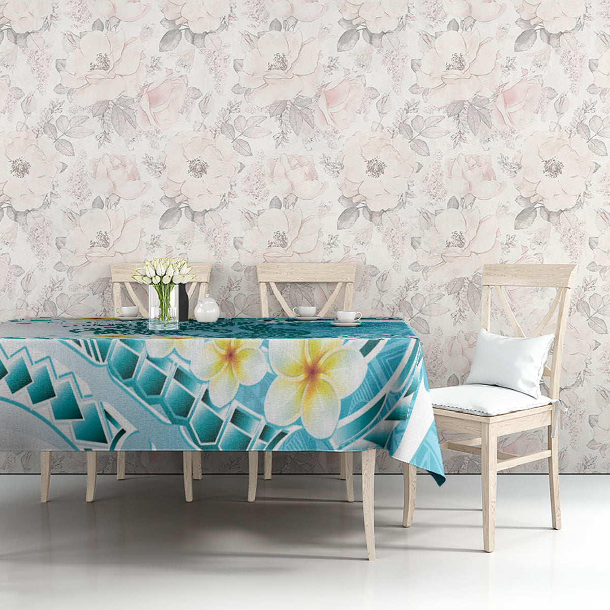 Turquoise Hawaii Shark Tattoo Tablecloth Frangipani With Polynesian Pastel Version