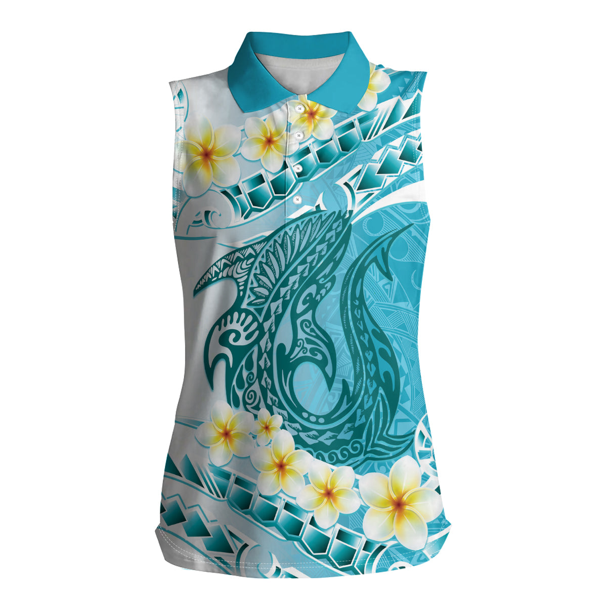 Turquoise Hawaii Shark Tattoo Women Sleeveless Polo Shirt Frangipani With Polynesian Pastel Version LT14 Female Turquoise - Polynesian Pride