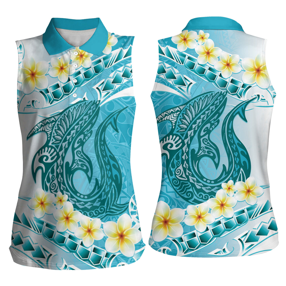 Turquoise Hawaii Shark Tattoo Women Sleeveless Polo Shirt Frangipani With Polynesian Pastel Version LT14 - Polynesian Pride