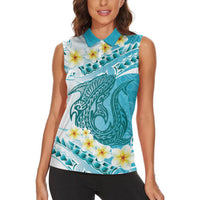 Turquoise Hawaii Shark Tattoo Women Sleeveless Polo Shirt Frangipani With Polynesian Pastel Version LT14 - Polynesian Pride