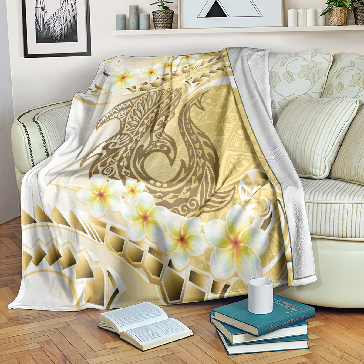 Gold Hawaii Shark Tattoo Blanket Frangipani With Polynesian Pastel Version LT14 Gold - Polynesian Pride