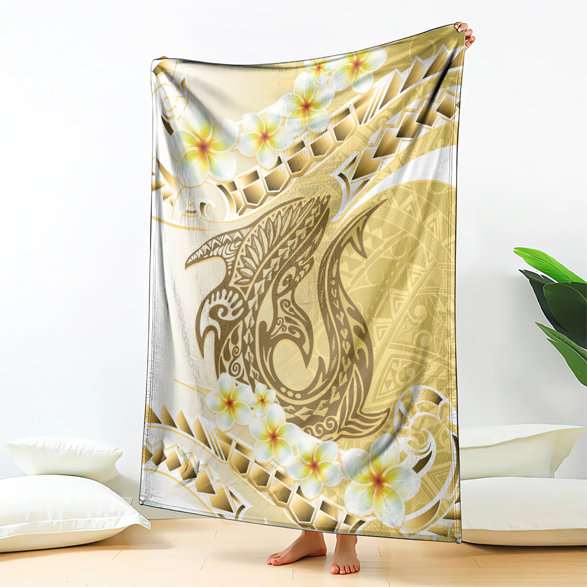 Gold Hawaii Shark Tattoo Blanket Frangipani With Polynesian Pastel Version LT14 - Polynesian Pride
