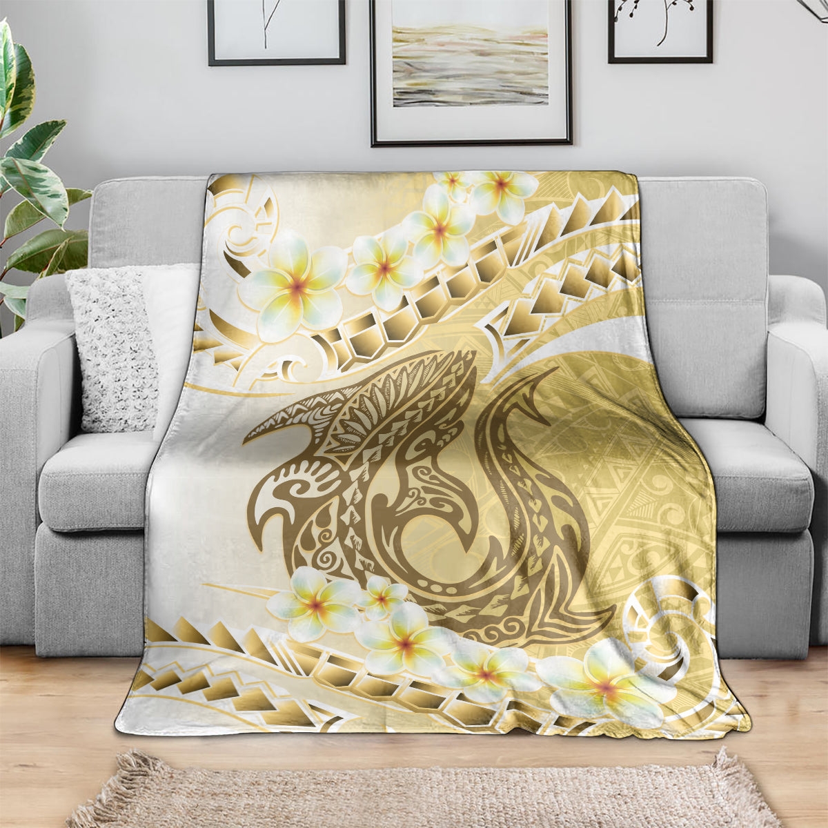 Gold Hawaii Shark Tattoo Blanket Frangipani With Polynesian Pastel Version LT14 - Polynesian Pride