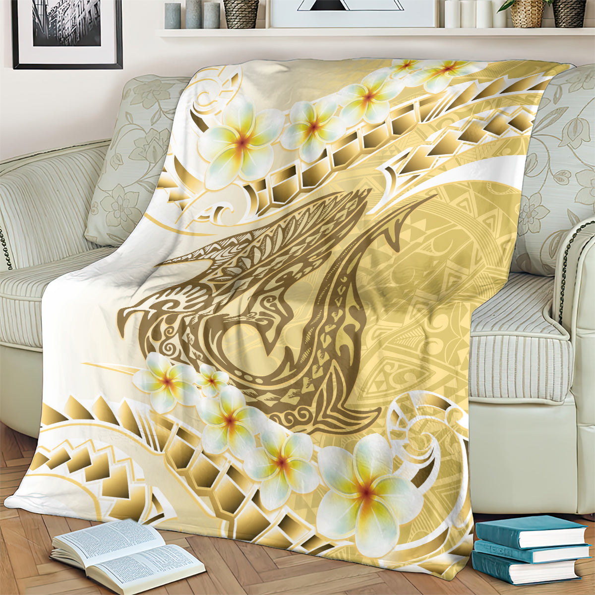 Gold Hawaii Shark Tattoo Blanket Frangipani With Polynesian Pastel Version LT14 - Polynesian Pride