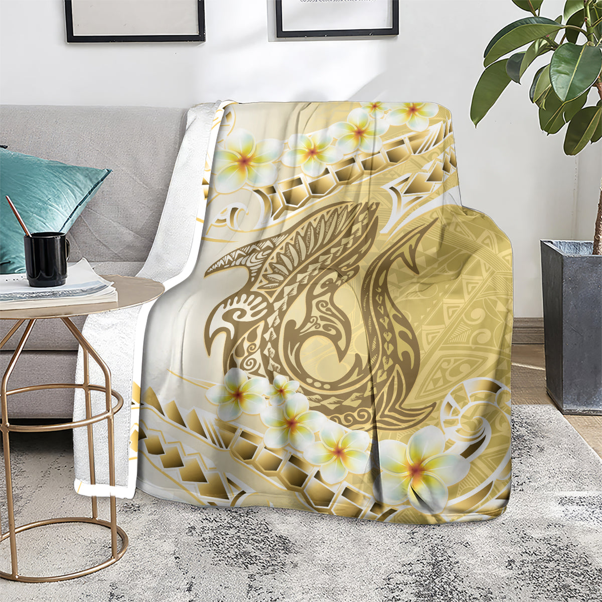 Gold Hawaii Shark Tattoo Blanket Frangipani With Polynesian Pastel Version LT14 - Polynesian Pride