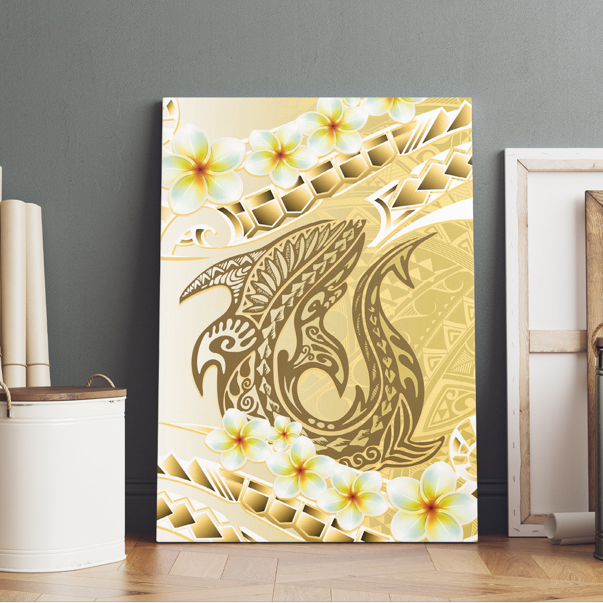 Gold Hawaii Shark Tattoo Canvas Wall Art Frangipani With Polynesian Pastel Version