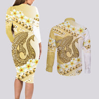 Gold Hawaii Shark Tattoo Couples Matching Long Sleeve Bodycon Dress and Long Sleeve Button Shirt Frangipani With Polynesian Pastel Version LT14 - Polynesian Pride