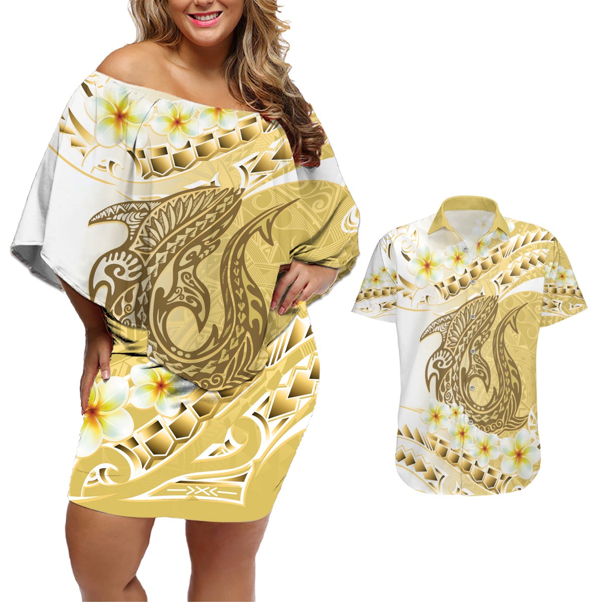 Gold Hawaii Shark Tattoo Couples Matching Off Shoulder Short Dress and Hawaiian Shirt Frangipani With Polynesian Pastel Version LT14 Gold - Polynesian Pride