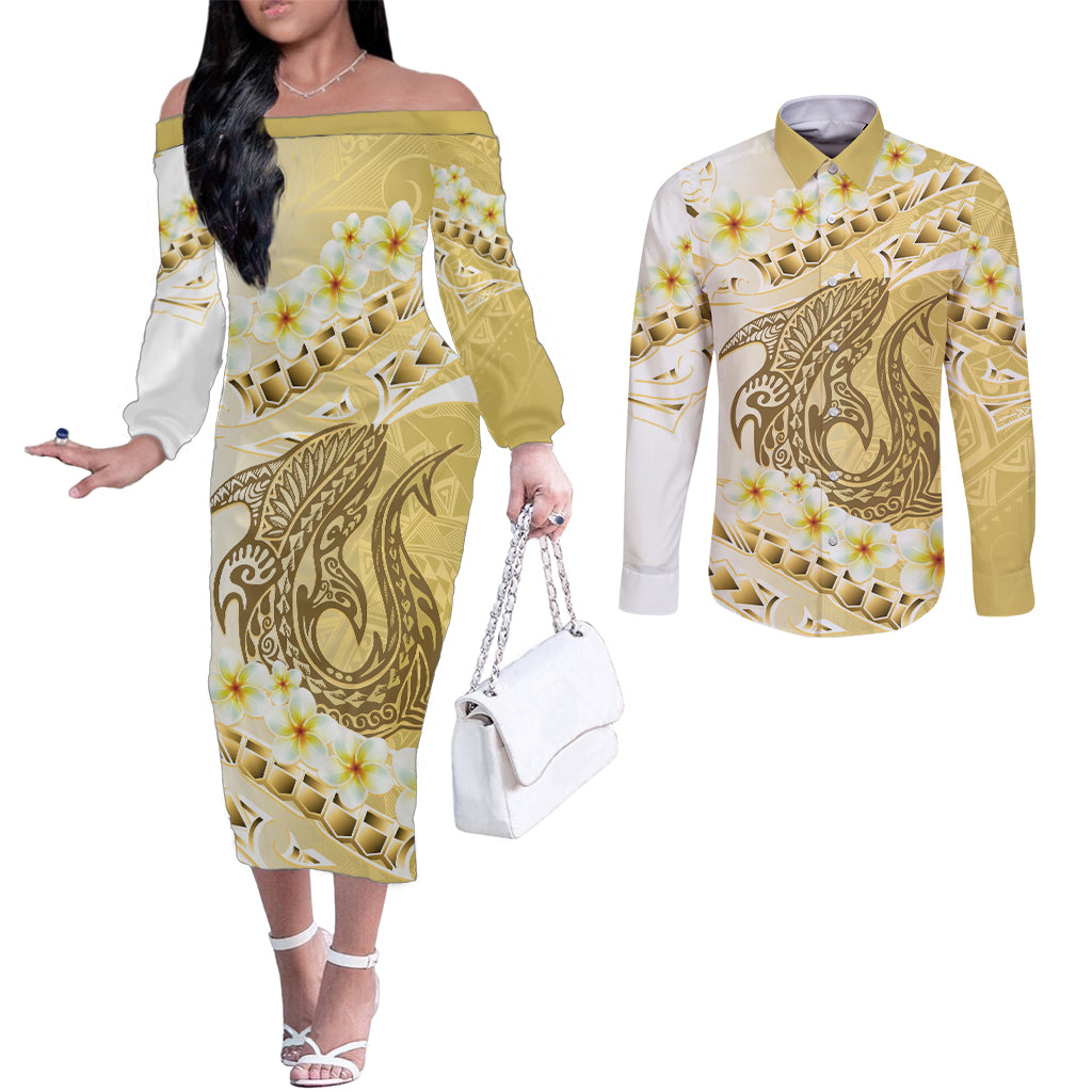 Gold Hawaii Shark Tattoo Couples Matching Off The Shoulder Long Sleeve Dress and Long Sleeve Button Shirt Frangipani With Polynesian Pastel Version LT14 Gold - Polynesian Pride