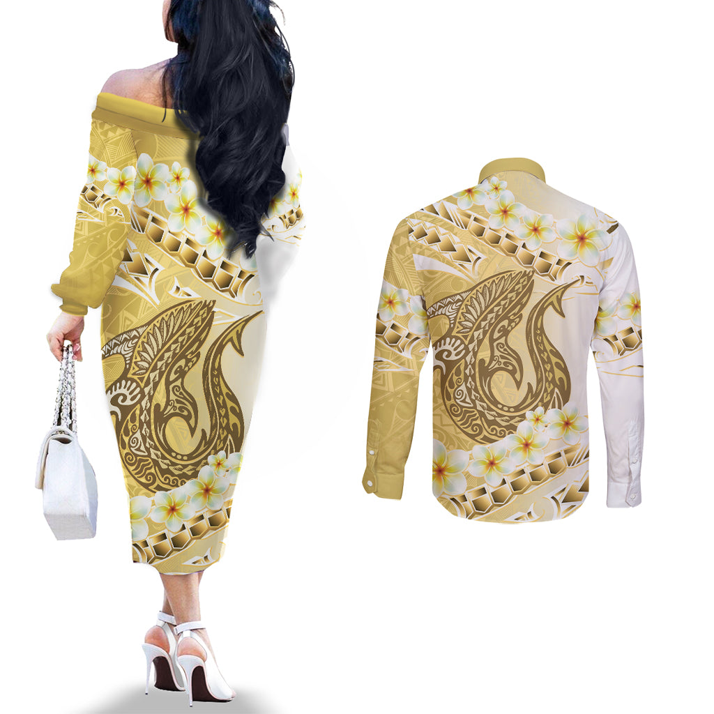 Gold Hawaii Shark Tattoo Couples Matching Off The Shoulder Long Sleeve Dress and Long Sleeve Button Shirt Frangipani With Polynesian Pastel Version LT14 - Polynesian Pride