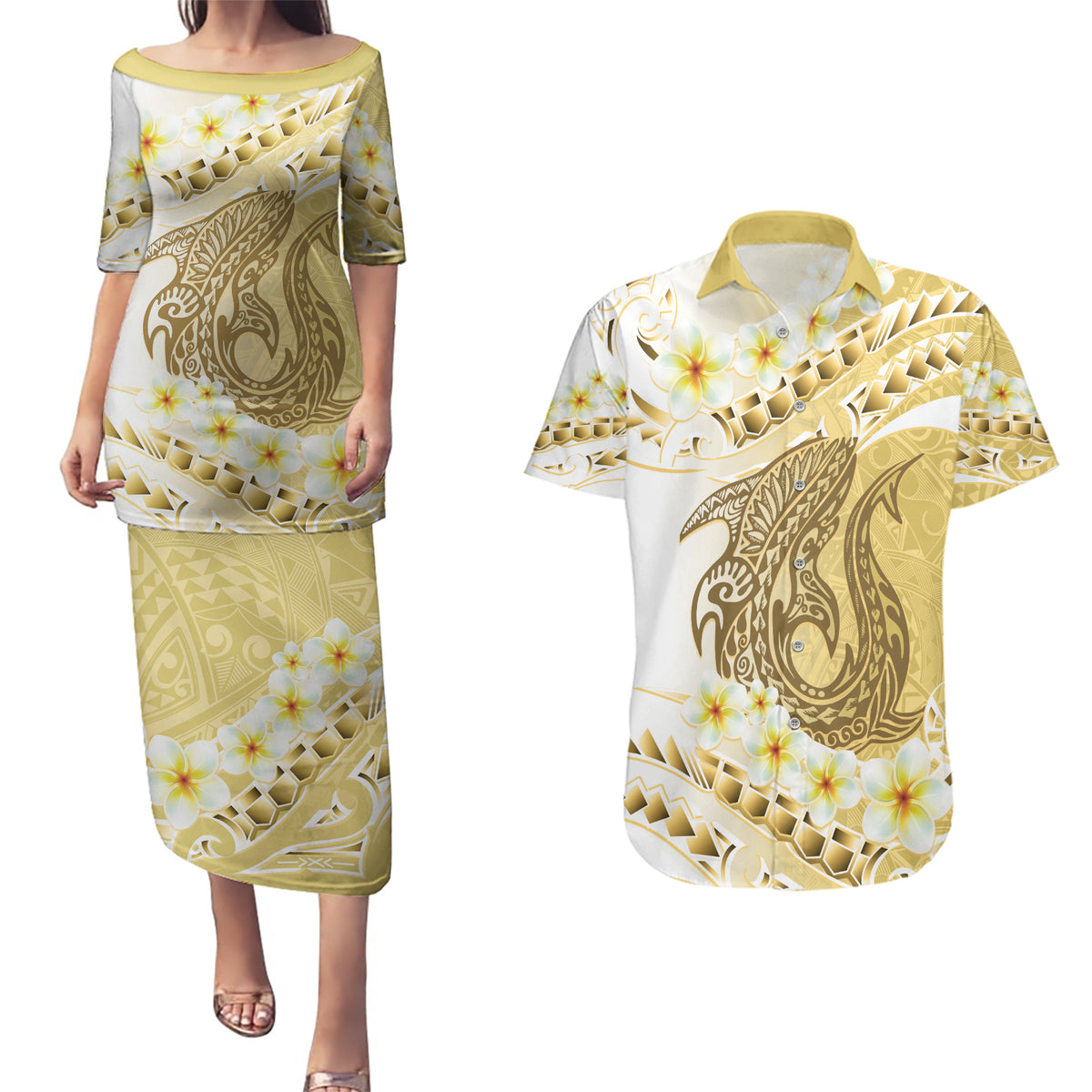 Gold Hawaii Shark Tattoo Couples Matching Puletasi and Hawaiian Shirt Frangipani With Polynesian Pastel Version LT14 Gold - Polynesian Pride