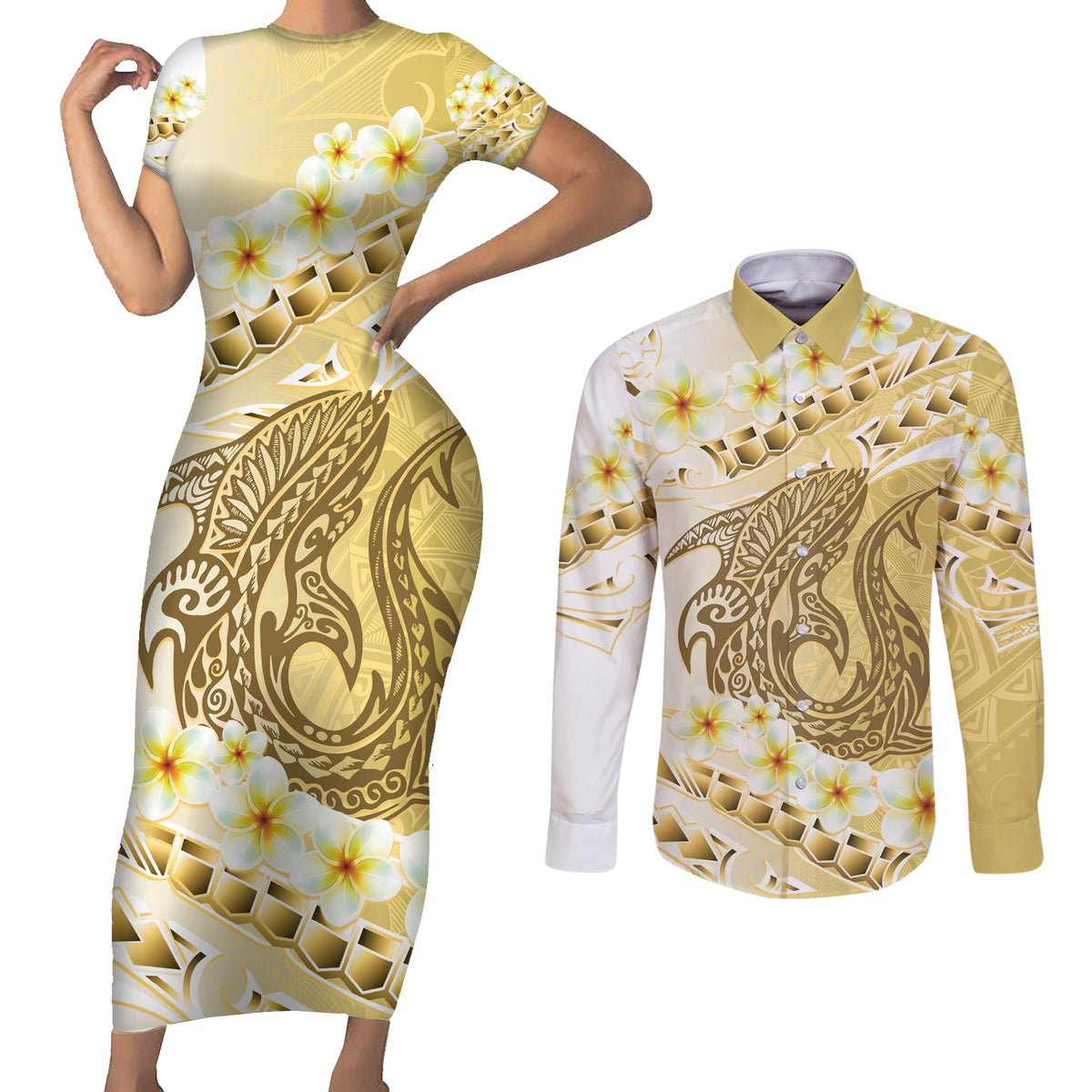 Gold Hawaii Shark Tattoo Couples Matching Short Sleeve Bodycon Dress and Long Sleeve Button Shirt Frangipani With Polynesian Pastel Version LT14 Gold - Polynesian Pride