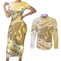 Gold Hawaii Shark Tattoo Couples Matching Short Sleeve Bodycon Dress and Long Sleeve Button Shirt Frangipani With Polynesian Pastel Version LT14 Gold - Polynesian Pride