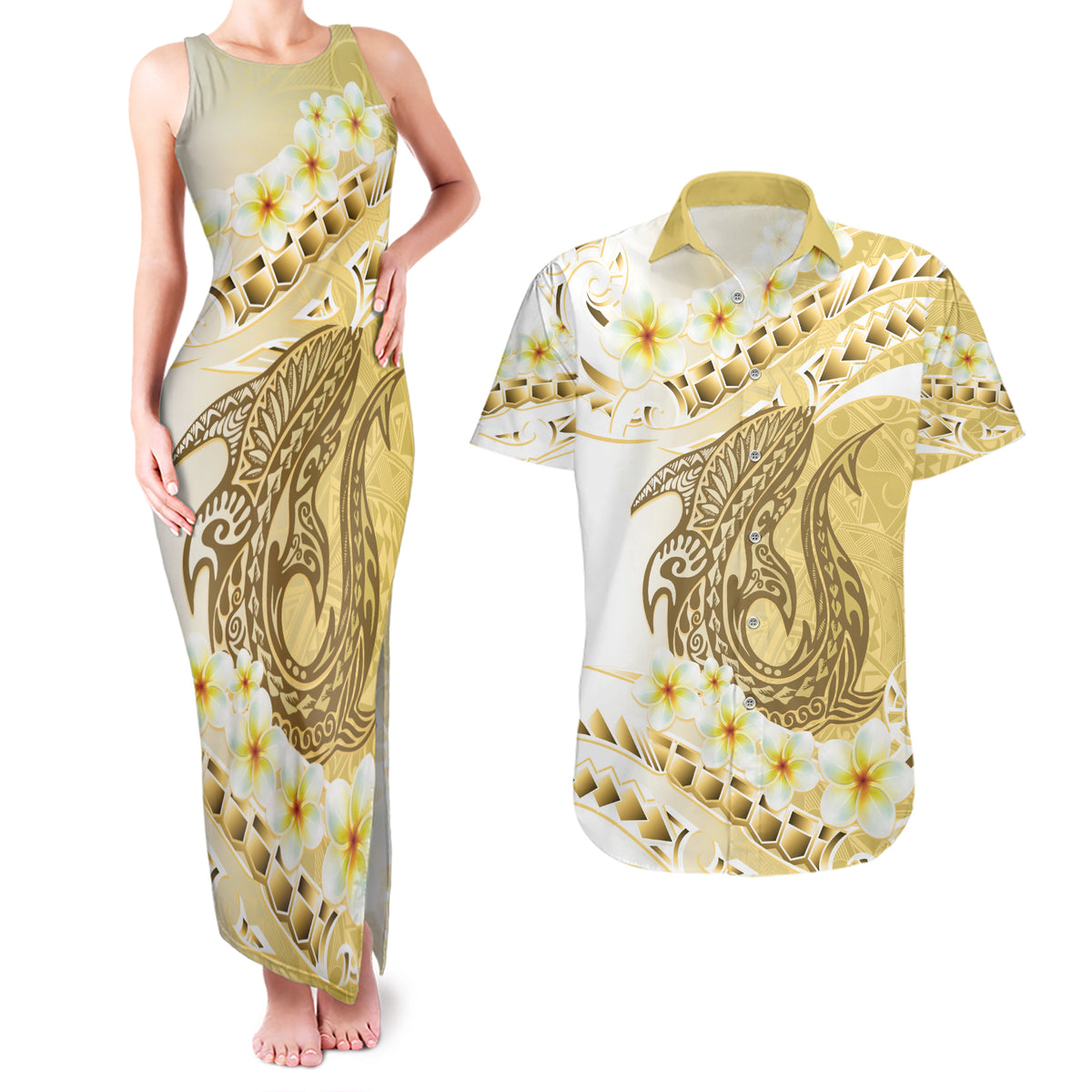 Gold Hawaii Shark Tattoo Couples Matching Tank Maxi Dress and Hawaiian Shirt Frangipani With Polynesian Pastel Version LT14 Gold - Polynesian Pride