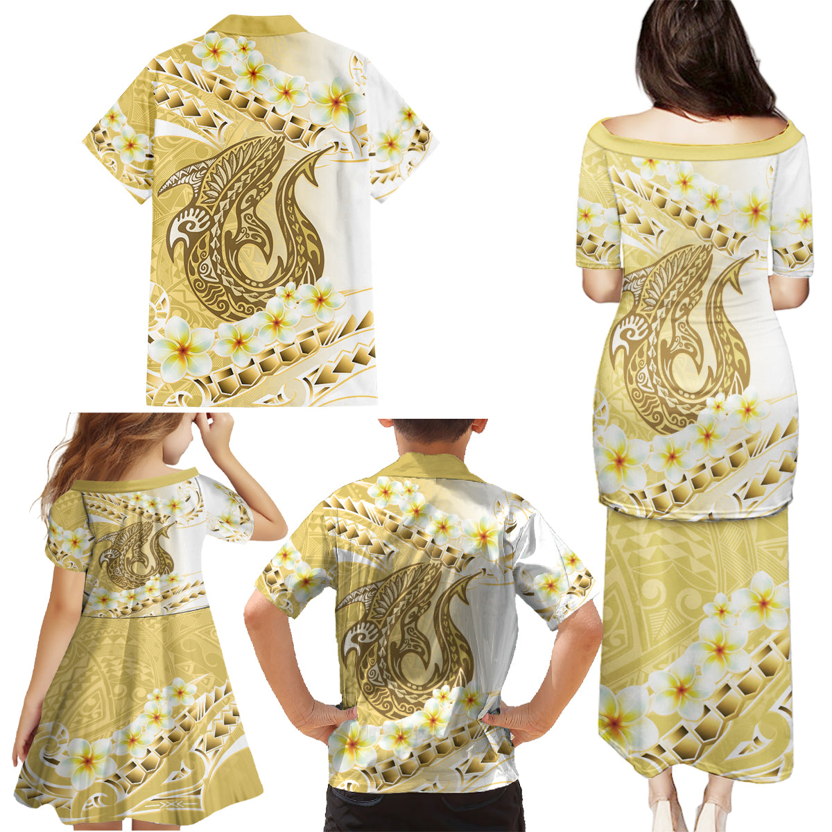 Gold Hawaii Shark Tattoo Family Matching Puletasi and Hawaiian Shirt Frangipani With Polynesian Pastel Version LT14 - Polynesian Pride