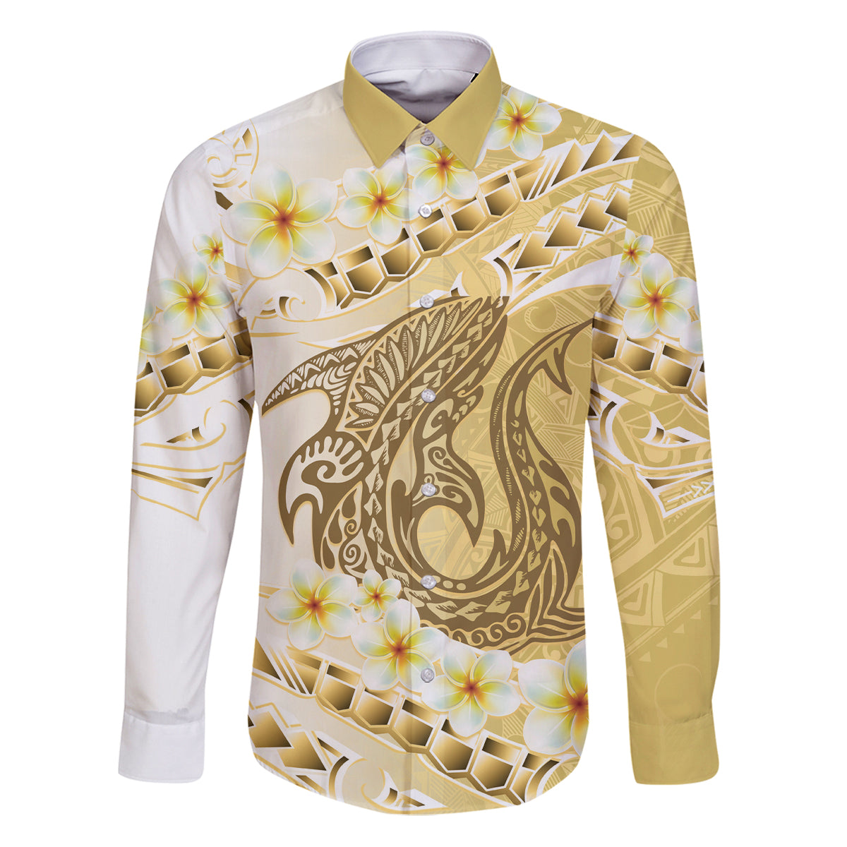 Gold Hawaii Shark Tattoo Family Matching Puletasi and Hawaiian Shirt Frangipani With Polynesian Pastel Version LT14 Dad's Shirt - Long Sleeve Gold - Polynesian Pride