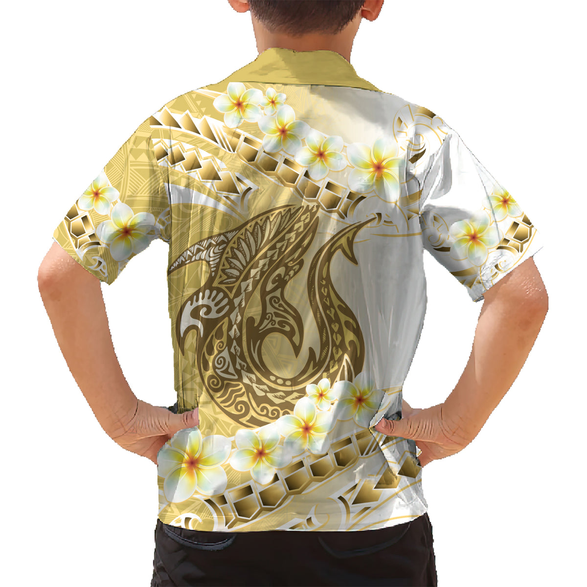 Gold Hawaii Shark Tattoo Family Matching Short Sleeve Bodycon Dress and Hawaiian Shirt Frangipani With Polynesian Pastel Version LT14 - Polynesian Pride