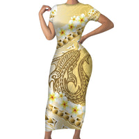 Gold Hawaii Shark Tattoo Family Matching Short Sleeve Bodycon Dress and Hawaiian Shirt Frangipani With Polynesian Pastel Version LT14 Mom's Dress Gold - Polynesian Pride