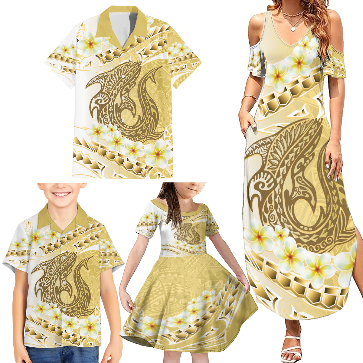Gold Hawaii Shark Tattoo Family Matching Summer Maxi Dress and Hawaiian Shirt Frangipani With Polynesian Pastel Version LT14 - Polynesian Pride