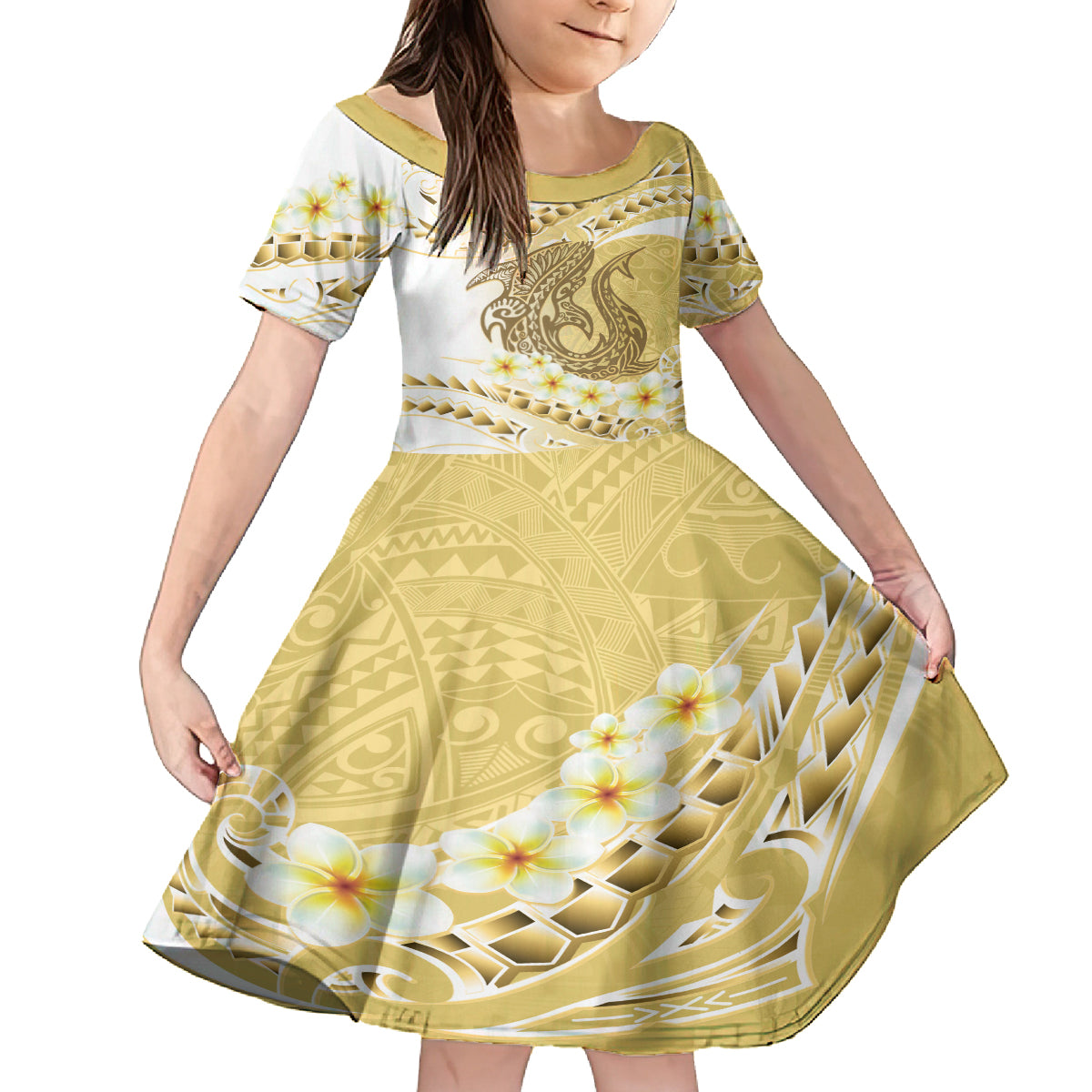 Gold Hawaii Shark Tattoo Family Matching Tank Maxi Dress and Hawaiian Shirt Frangipani With Polynesian Pastel Version