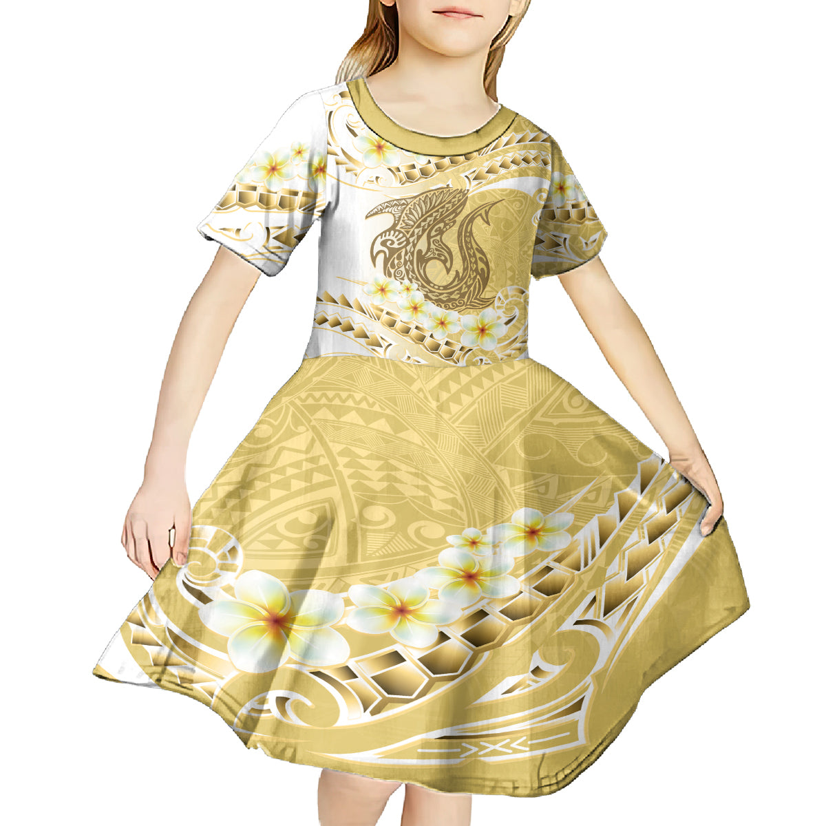 Gold Hawaii Shark Tattoo Kid Short Sleeve Dress Frangipani With Polynesian Pastel Version