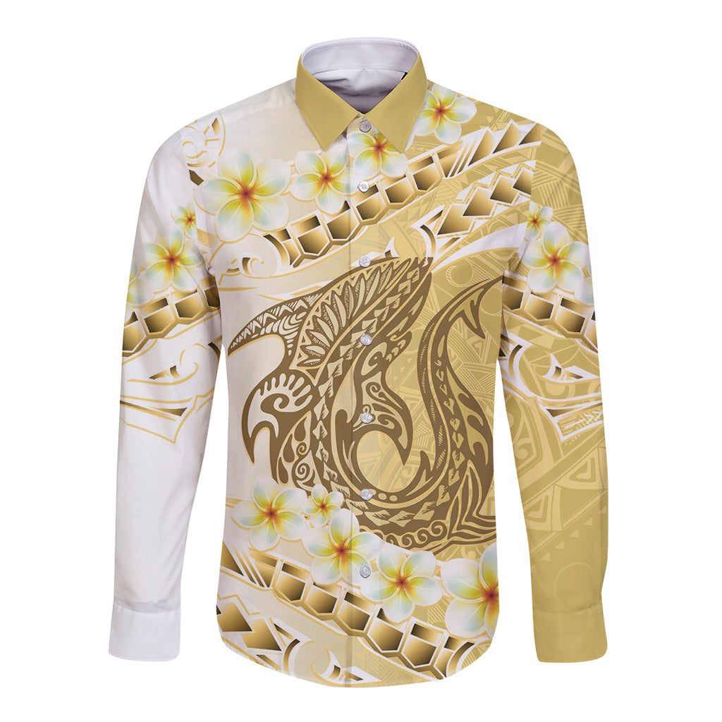 Gold Hawaii Shark Tattoo Long Sleeve Button Shirt Frangipani With Polynesian Pastel Version