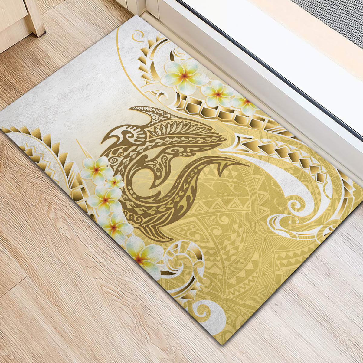 Gold Hawaii Shark Tattoo Rubber Doormat Frangipani With Polynesian Pastel Version