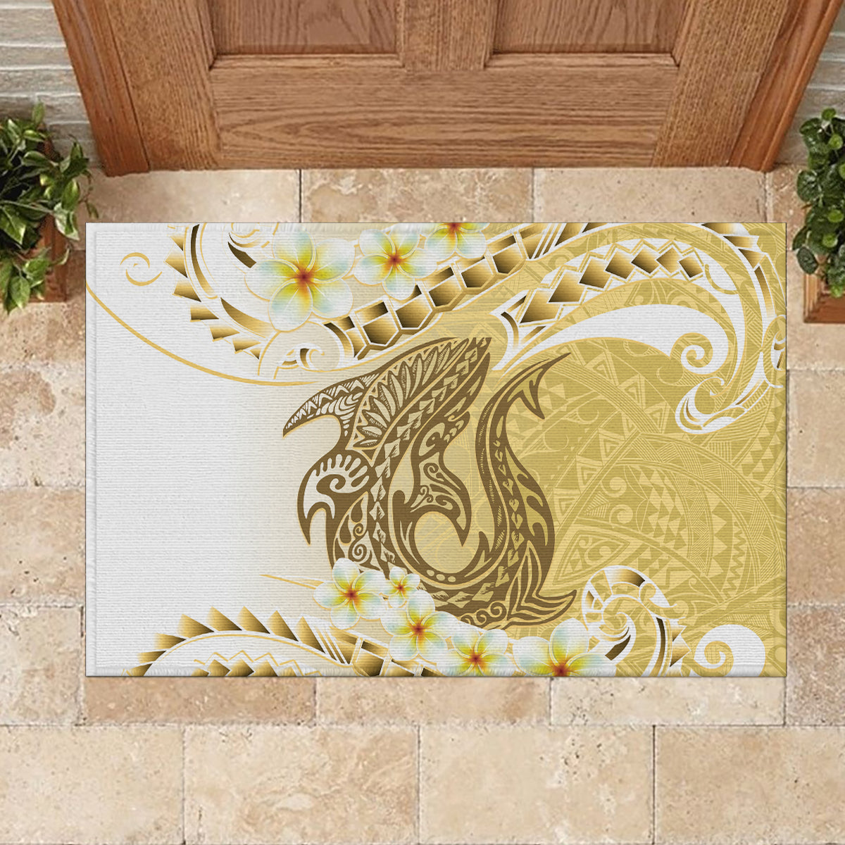 Gold Hawaii Shark Tattoo Rubber Doormat Frangipani With Polynesian Pastel Version