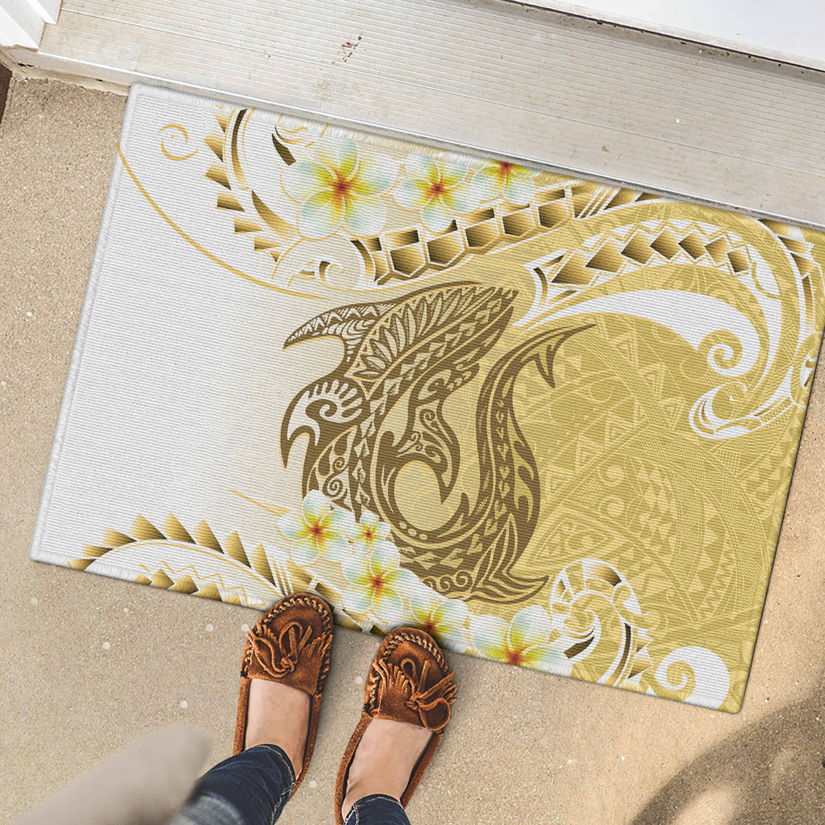 Gold Hawaii Shark Tattoo Rubber Doormat Frangipani With Polynesian Pastel Version