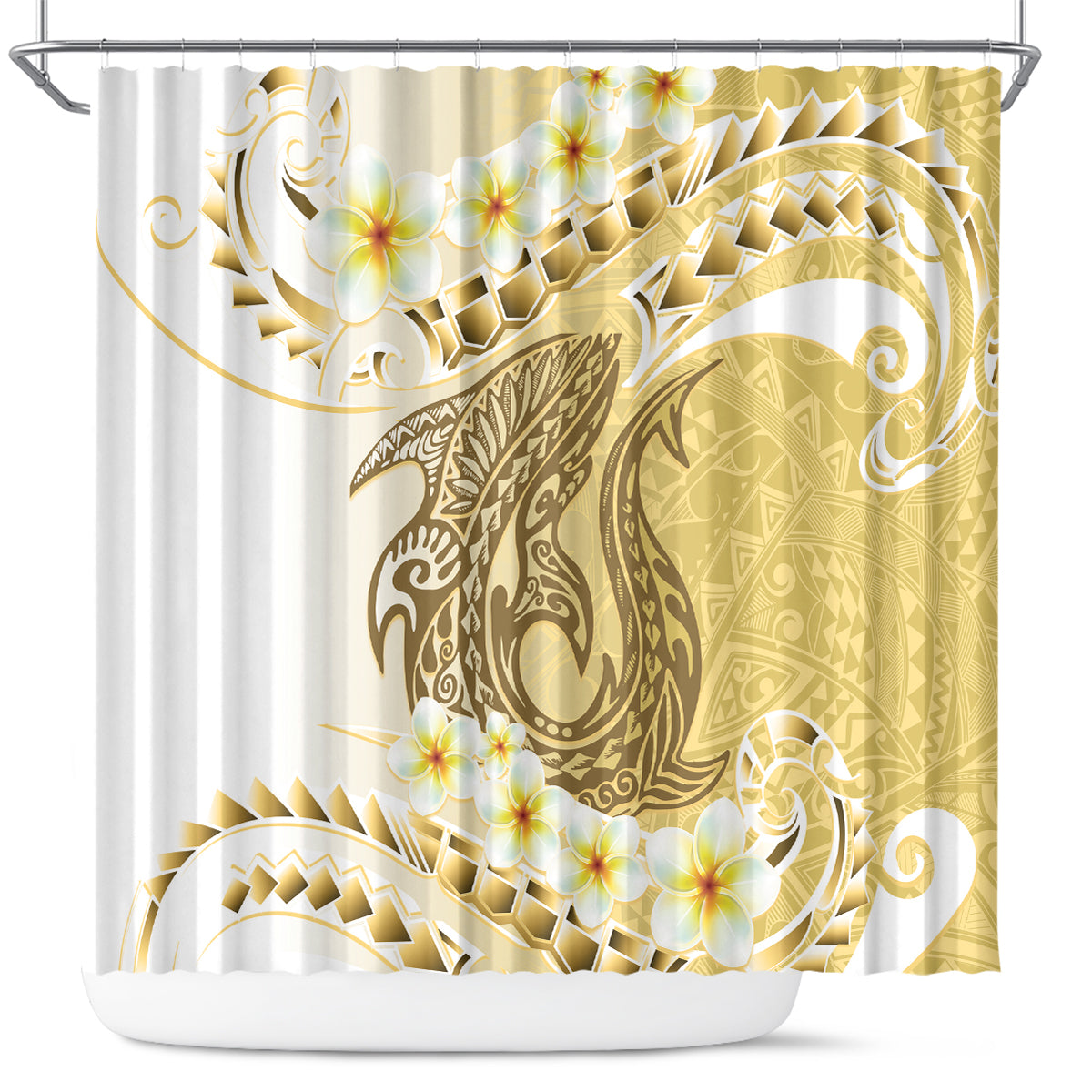 Gold Hawaii Shark Tattoo Shower Curtain Frangipani With Polynesian Pastel Version LT14 Gold - Polynesian Pride