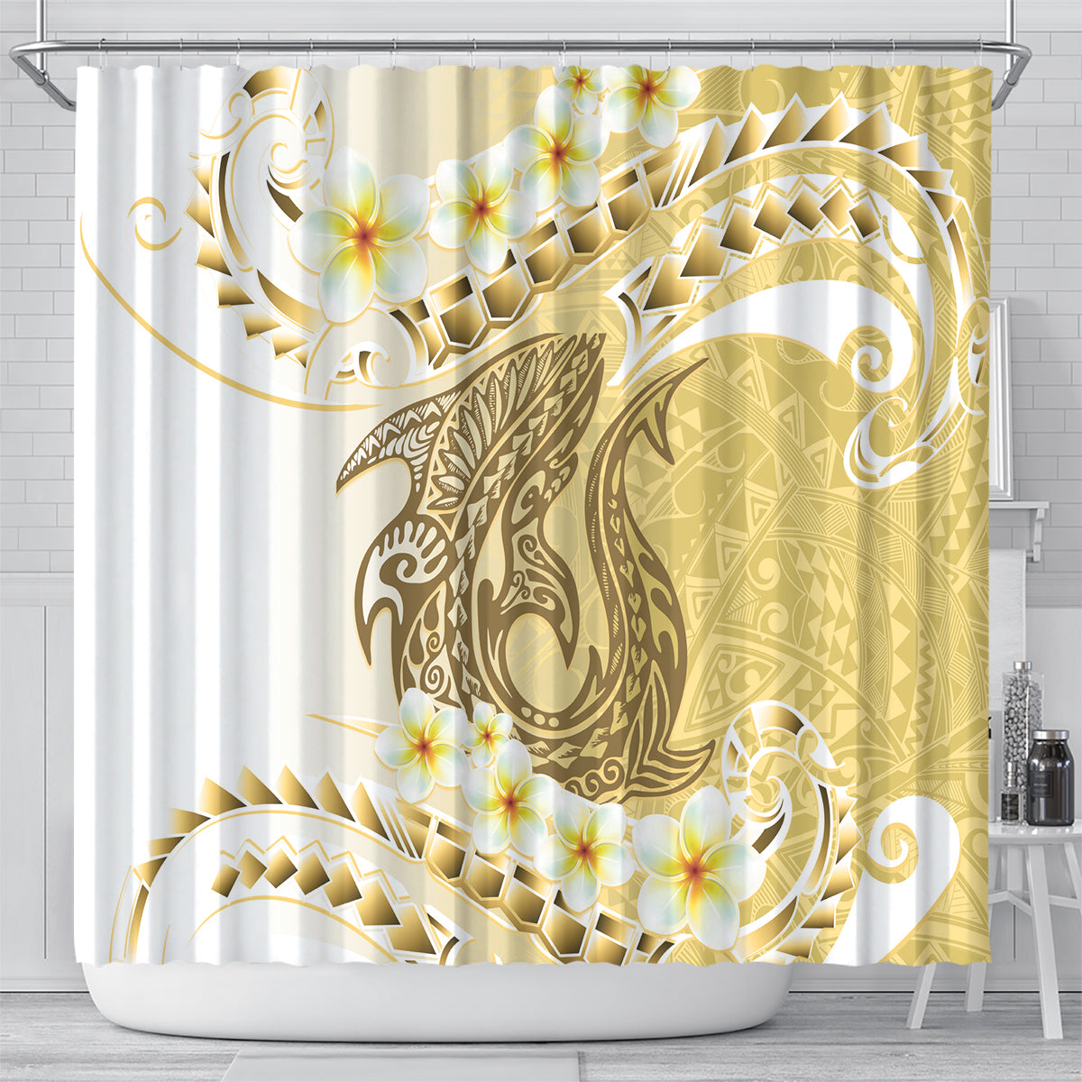 Gold Hawaii Shark Tattoo Shower Curtain Frangipani With Polynesian Pastel Version LT14 - Polynesian Pride