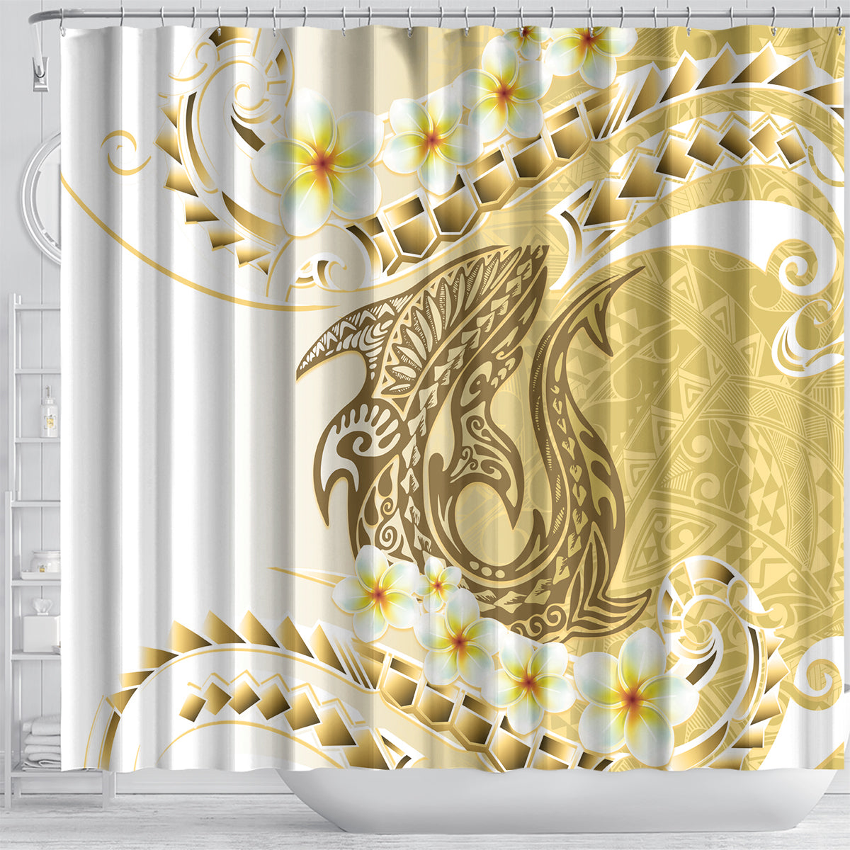Gold Hawaii Shark Tattoo Shower Curtain Frangipani With Polynesian Pastel Version LT14 - Polynesian Pride