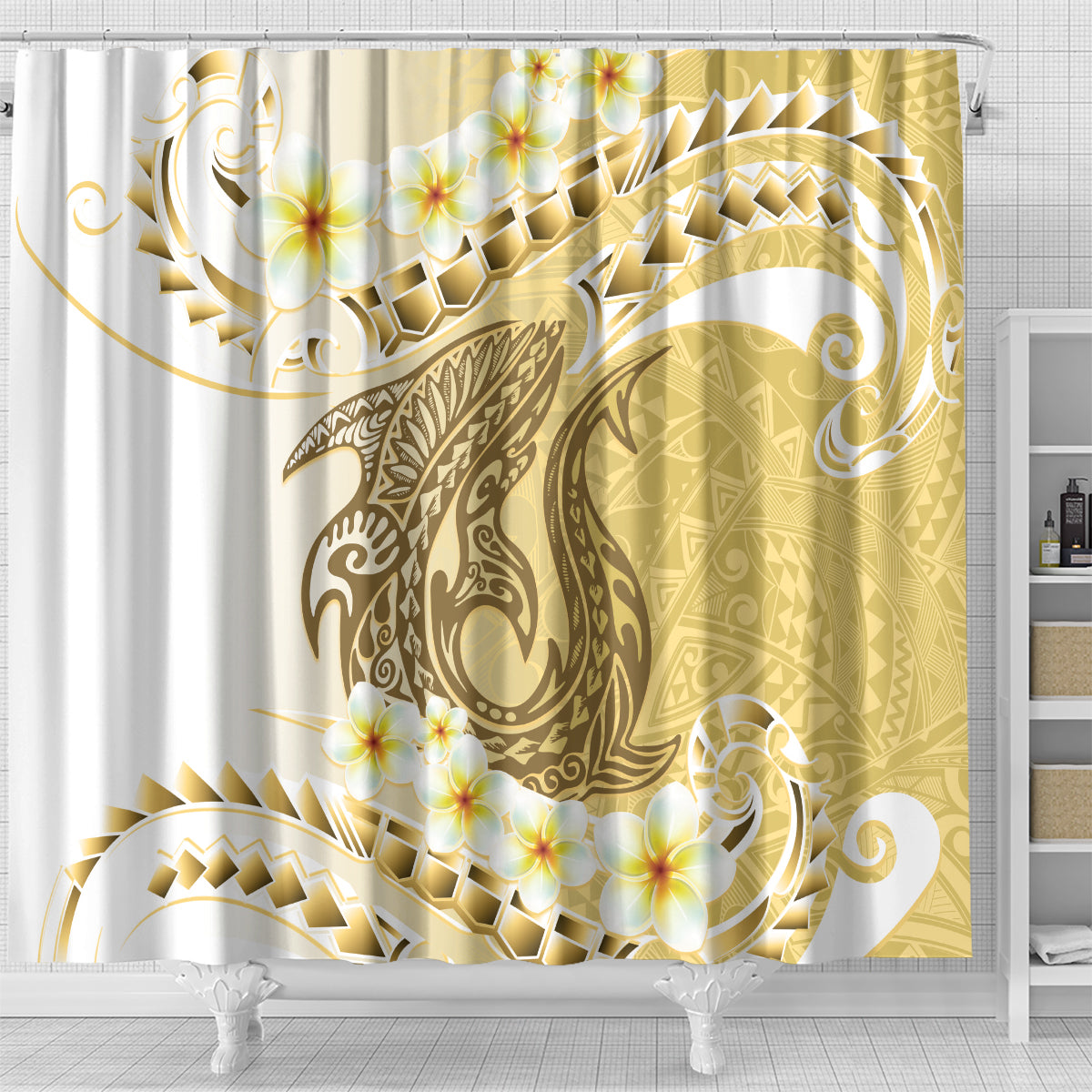 Gold Hawaii Shark Tattoo Shower Curtain Frangipani With Polynesian Pastel Version LT14 - Polynesian Pride