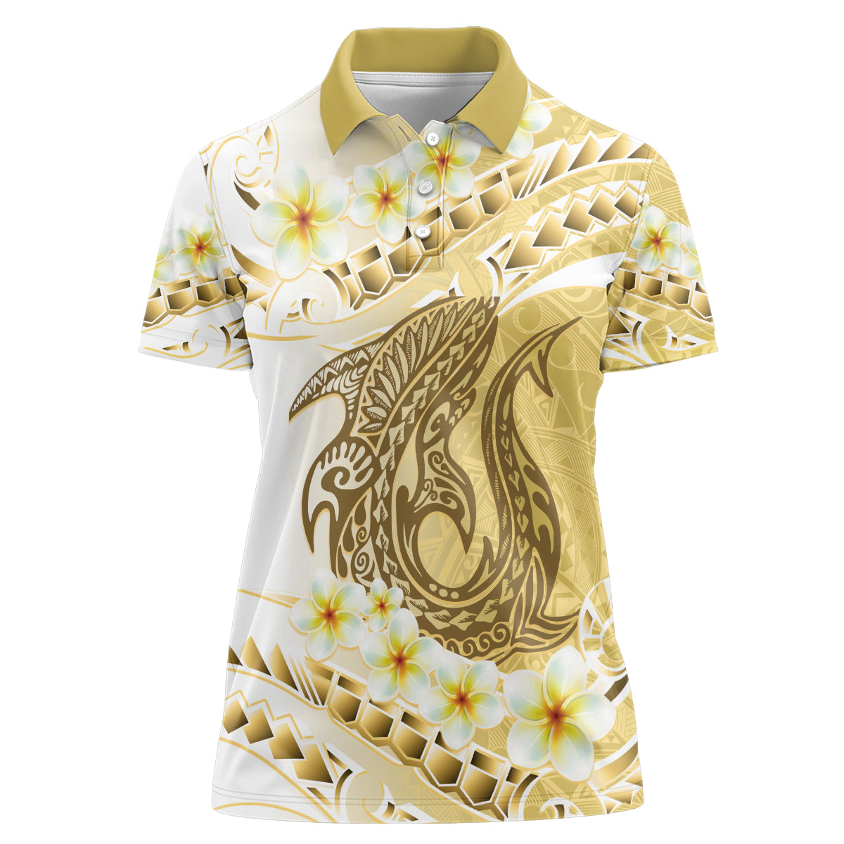 Gold Hawaii Shark Tattoo Women Polo Shirt Frangipani With Polynesian Pastel Version