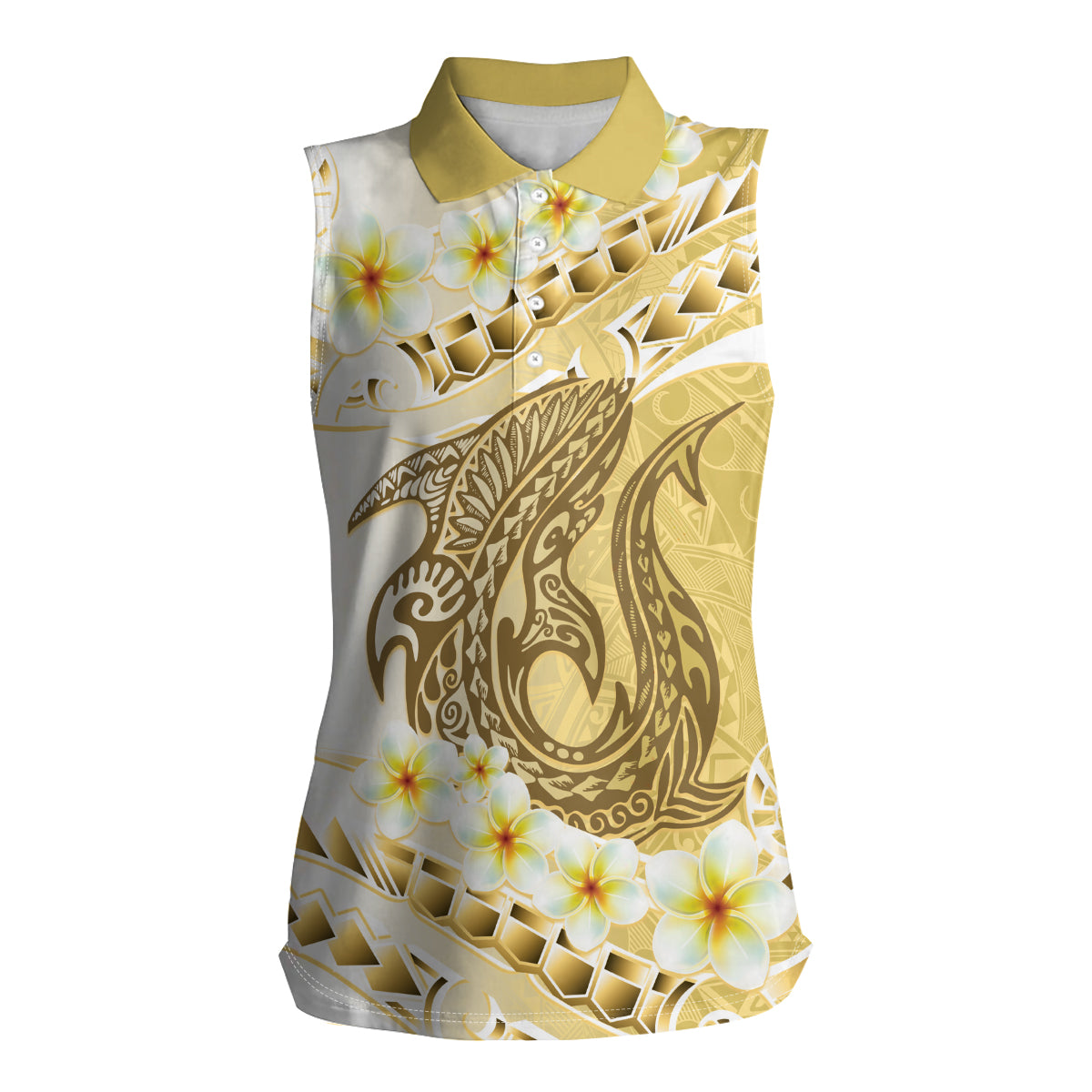 Gold Hawaii Shark Tattoo Women Sleeveless Polo Shirt Frangipani With Polynesian Pastel Version LT14 Female Gold - Polynesian Pride