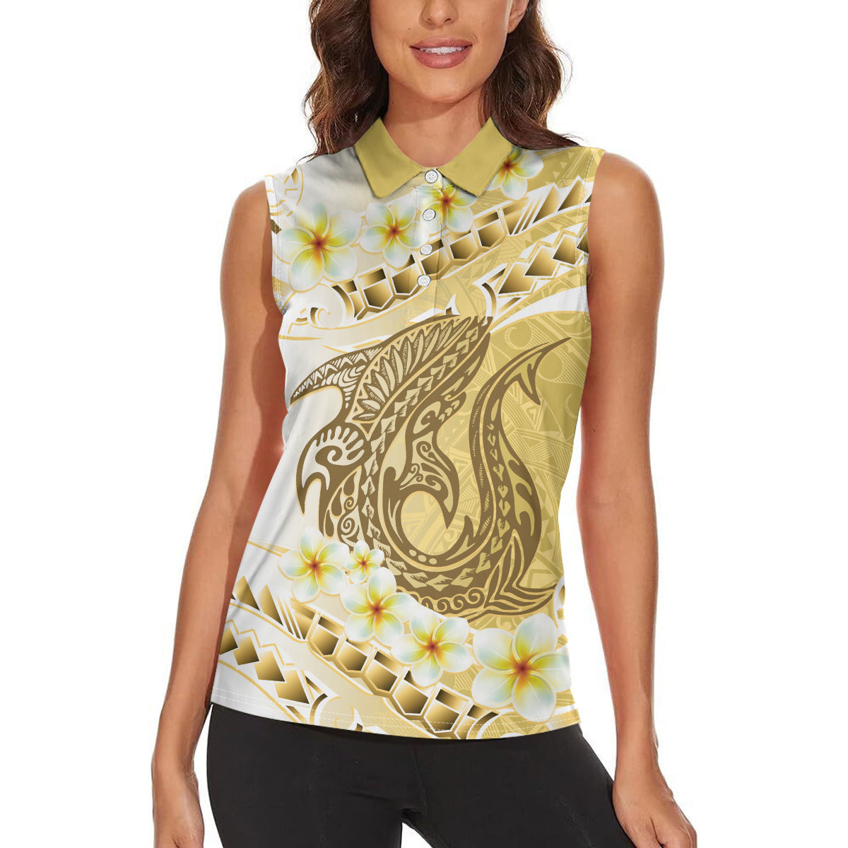 Gold Hawaii Shark Tattoo Women Sleeveless Polo Shirt Frangipani With Polynesian Pastel Version LT14 - Polynesian Pride