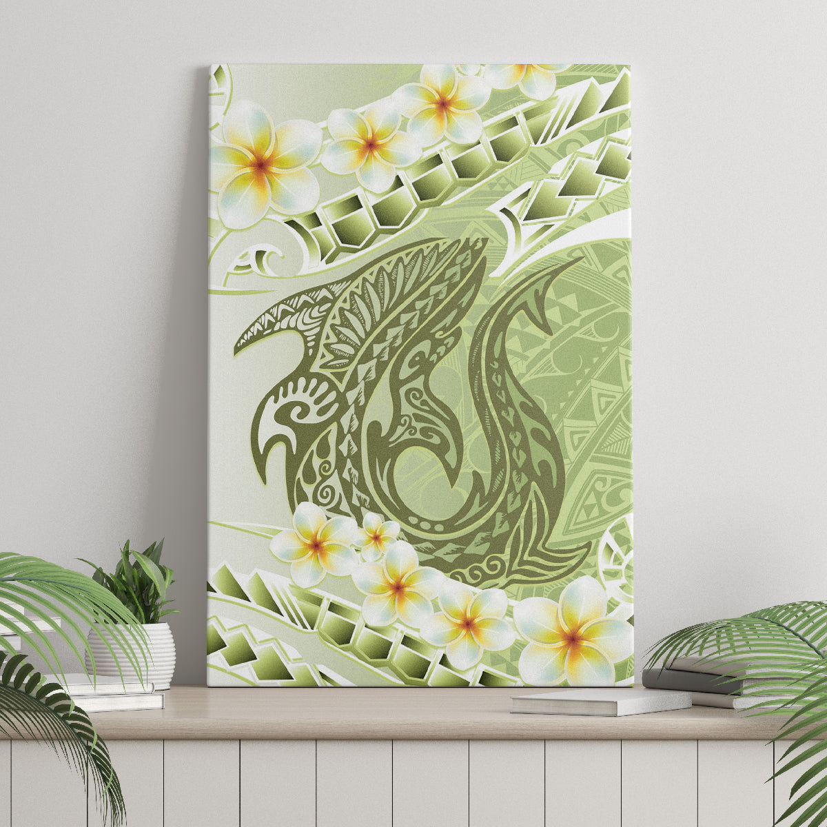 Green Hawaii Shark Tattoo Canvas Wall Art Frangipani With Polynesian Pastel Version