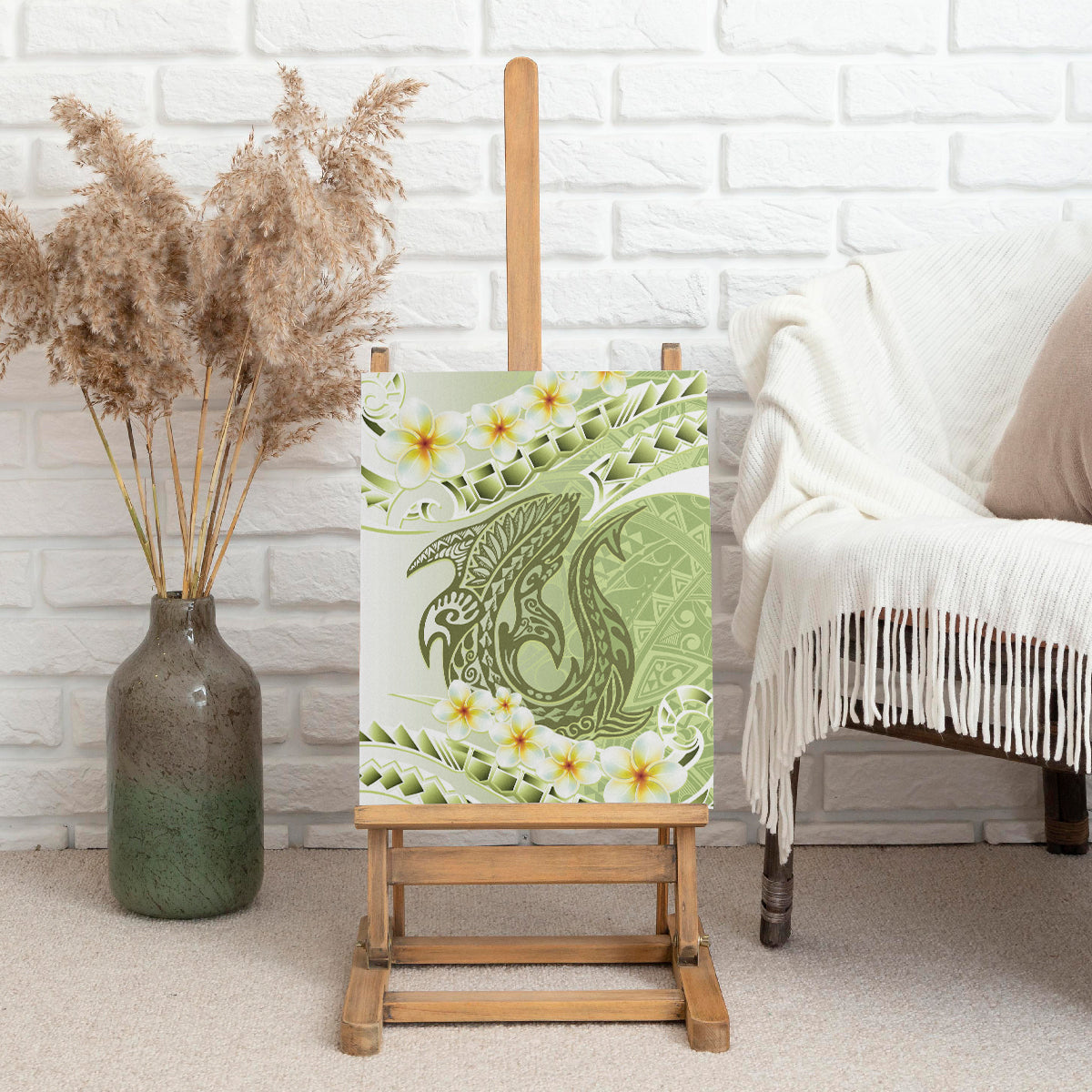 Green Hawaii Shark Tattoo Canvas Wall Art Frangipani With Polynesian Pastel Version